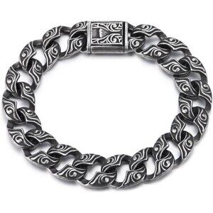 Mens Antique Blackened Chain Bracelet with Intricate Swirl Trendy
